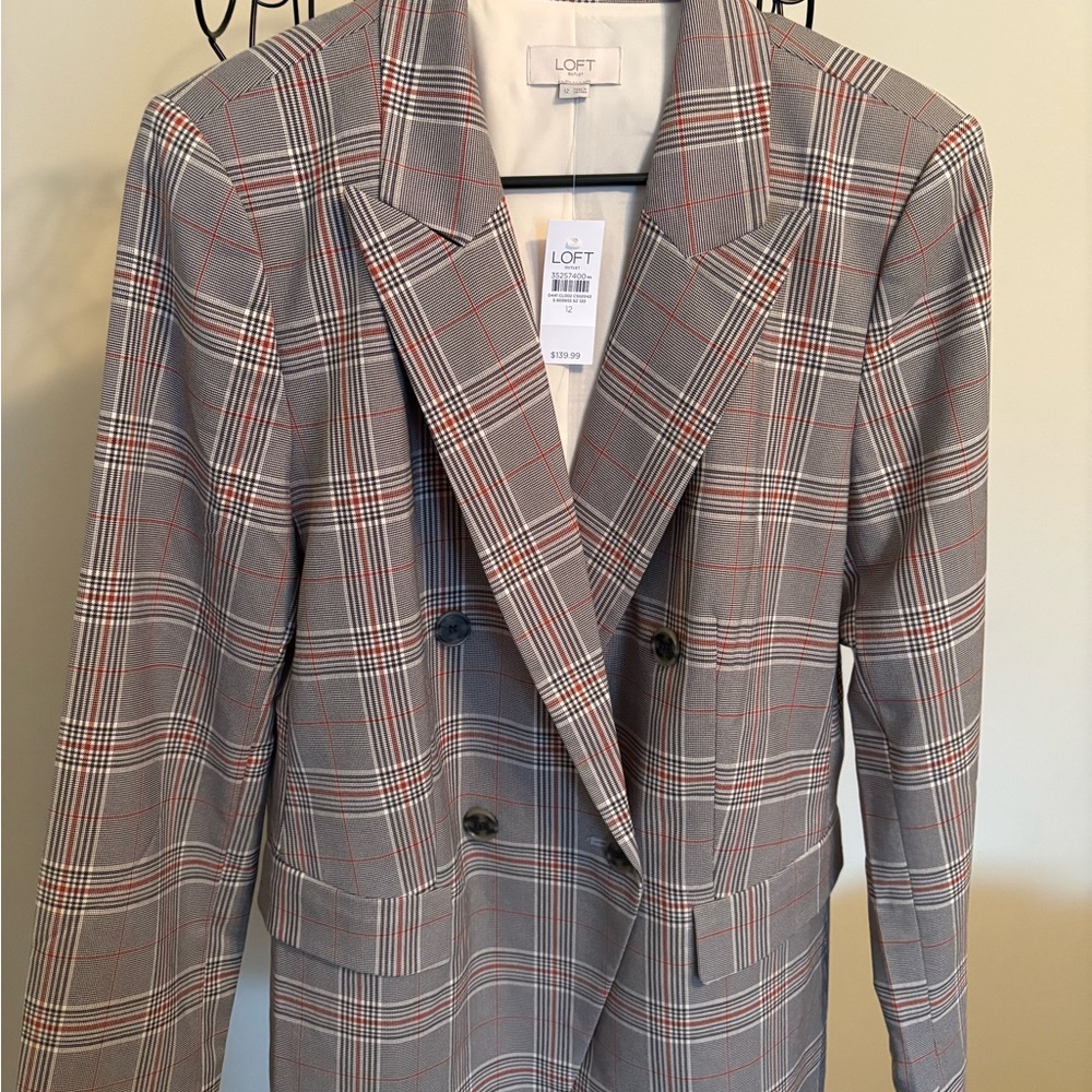 LOFT Women’s Plaid Double-Breasted Blazer - Gray with Red Accent